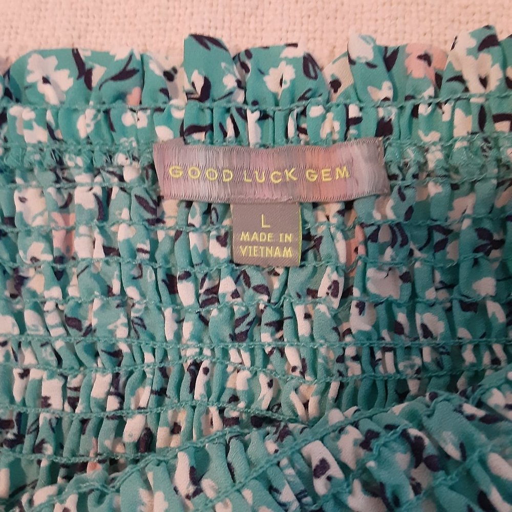 Aqua Blue Floral-Print Smocked  Good Luck Gem Women's Skirt - Picture 11 of 15